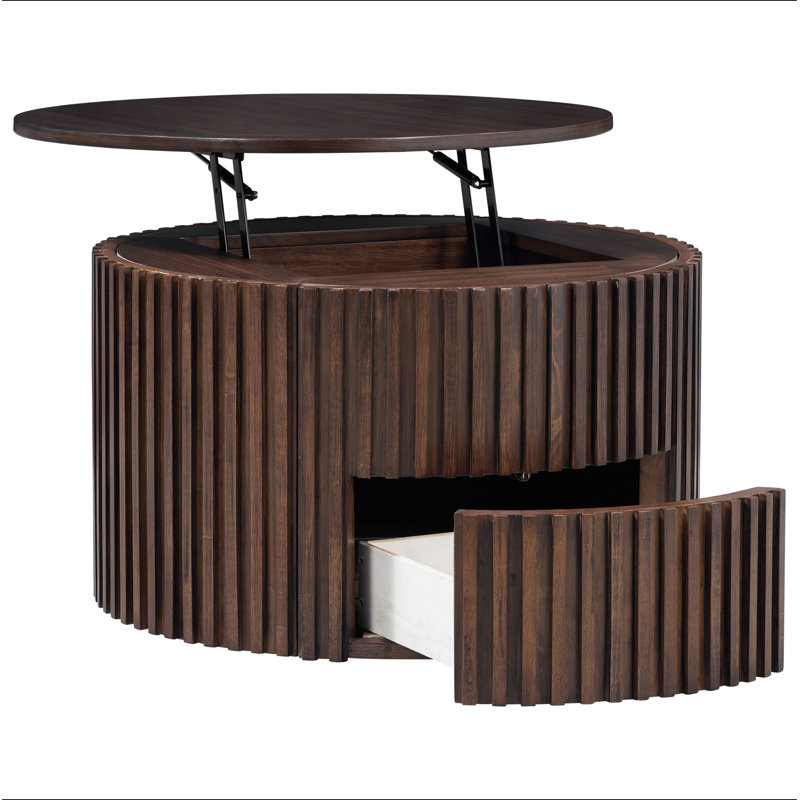 Table basse ronde à plateau relevable, table d'appoint moderne en bois cannelé avec rangement caché pour le salon, Brun