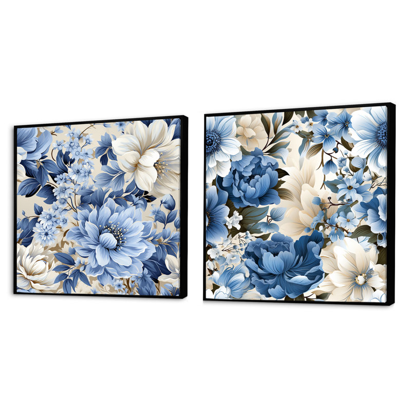 Ramires - Ensemble de 2 collages floraux carrés, Cadre flottant noir, H 16 po x l 33 po