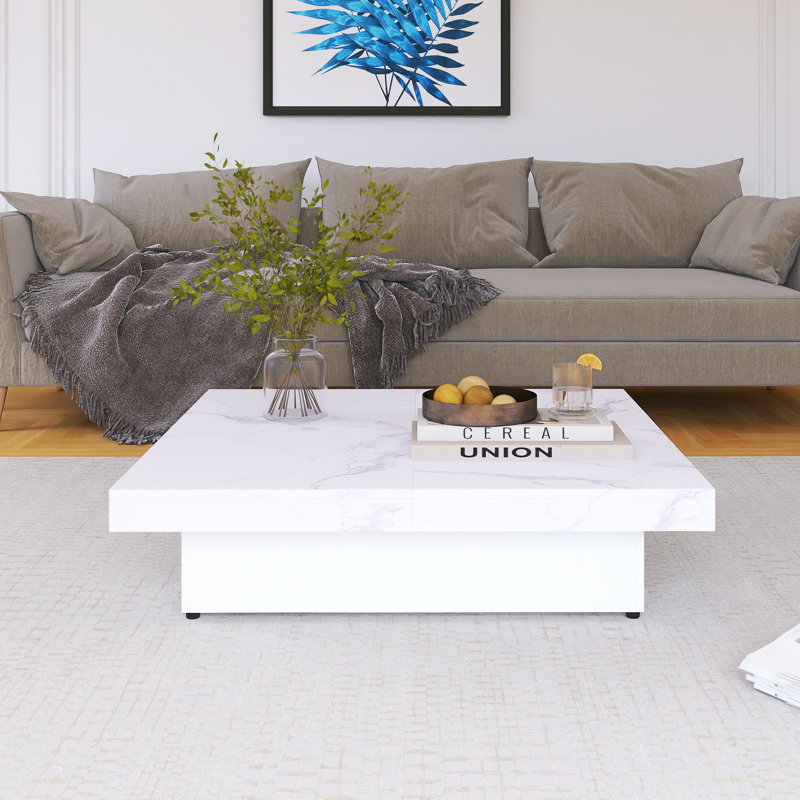Table basse 39,4 po carrée en placage de marbre avec plateau coulissant et rangement, Blanc