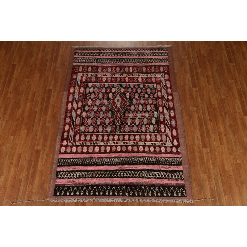Tapis rouge / rose / noir en laine noué à la main de conception unique 5 pi 10 po x 8 pi 3 po New Age