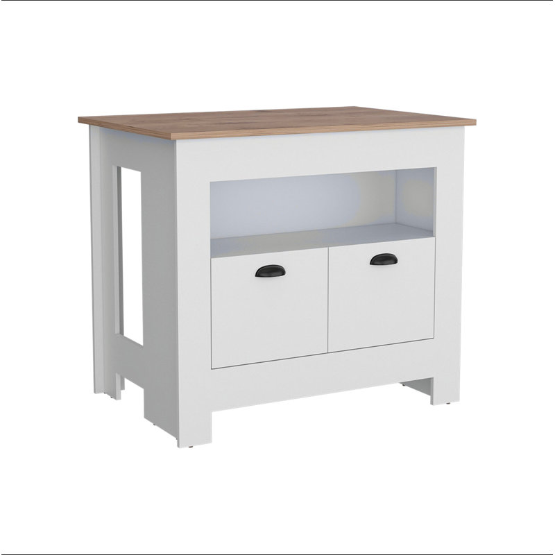 Kitchen Island Two Door Cabinet and Shelf, White, White