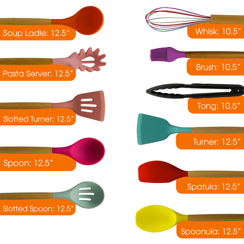 Cheer Collection 12 Piece Multicolor Silicone Spatula Set with Wooden Handles
