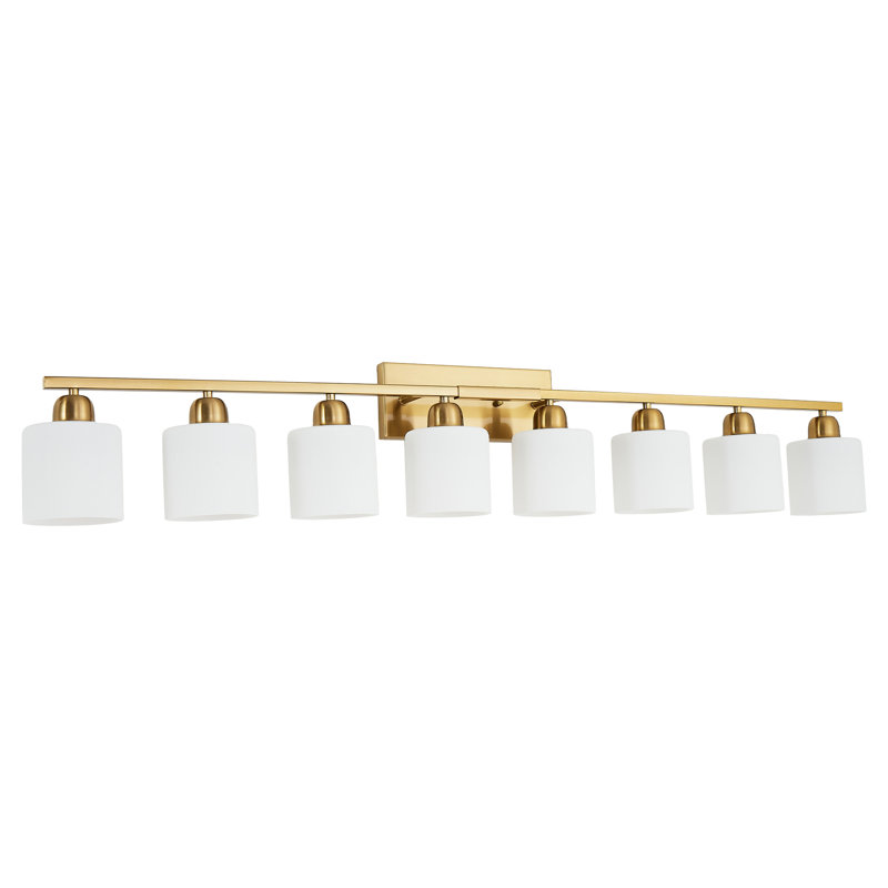 Éclairage de salle de bain doré 52 pouces, luminaire de meuble-lavabo moderne avec verre blanc laiteux pour miroir, salon, couloir en métal, 8 prises de chaleur E26, luminosité réglable, salle de bain à fixation murale,