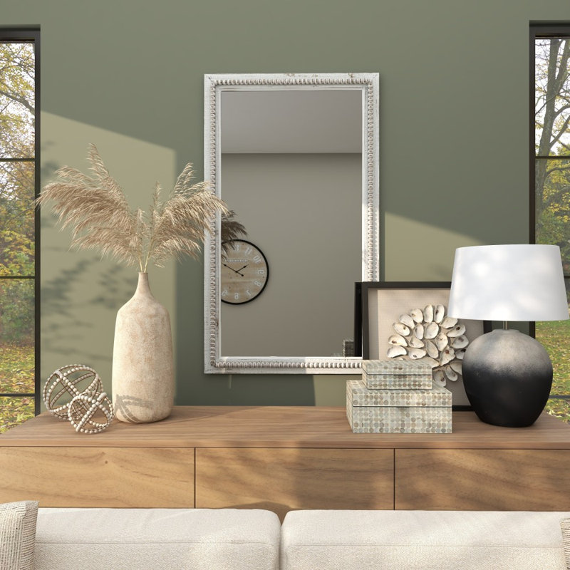 Wood Carved Beaded White Wall Mirror