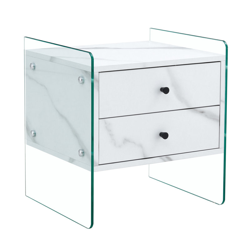 Table de chevet double avec surface et verre - blanc, 19,38 po Grand, 15,74 po de largeur, 17,52 po de profondeur, 41,53 lb, écoénergétique de couleur blanche, autocollant et combinaison trempée, conception simple et élégante