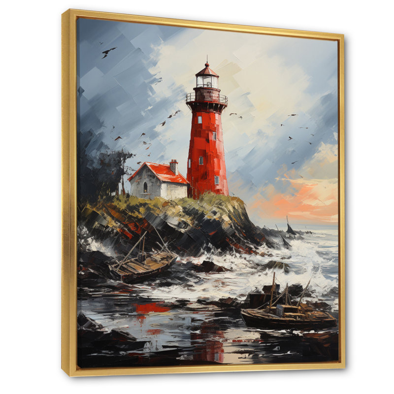 Impression sur toile «Red Beach Lighthouse Guiding - Cityscapes», H 44 po x l 34 po x P 1,5 po, Cadre flottant doré