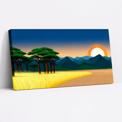Ensemble d'une toile tendue représentant un paysage de savane avec des acacias et un coucher de soleil