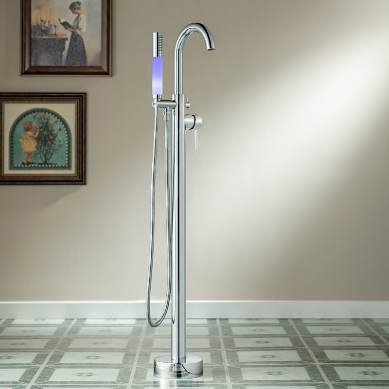 WOODBRIDGE Contemporary Single Handle Floor Mount Freestanding Tub Filler Faucet With Integrated LED Color-Changing Spray Head