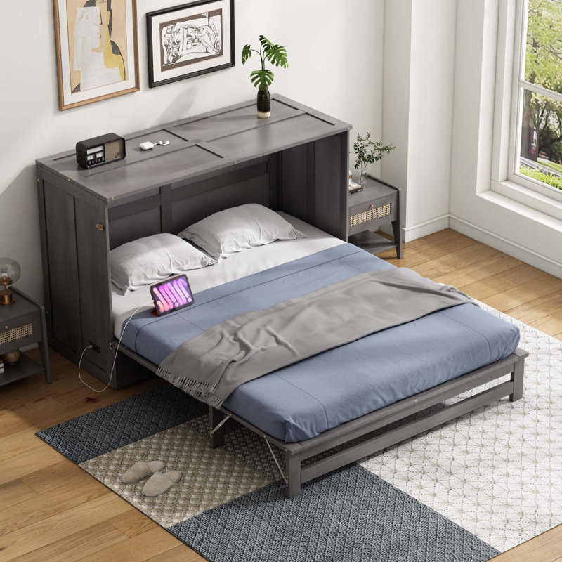 Grand lit escamotable avec station de charge intégrée, Gris