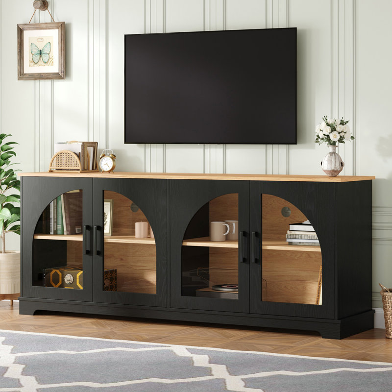 Meuble télé semi-arqué avec portes en verre et tablettes réglables, Noir