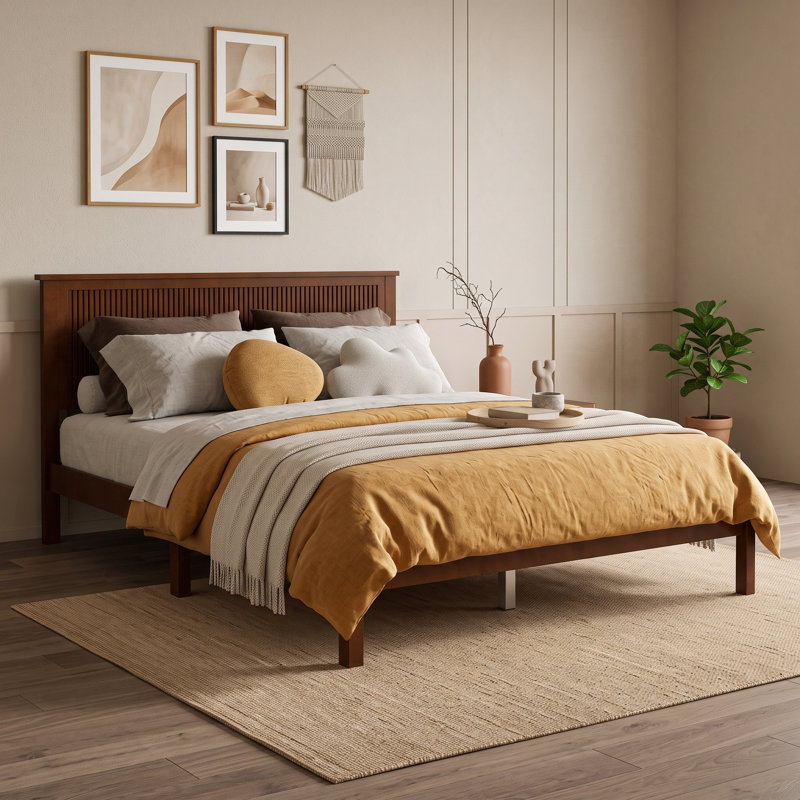 Grand lit plateforme en bois avec tête de lit, Walnut