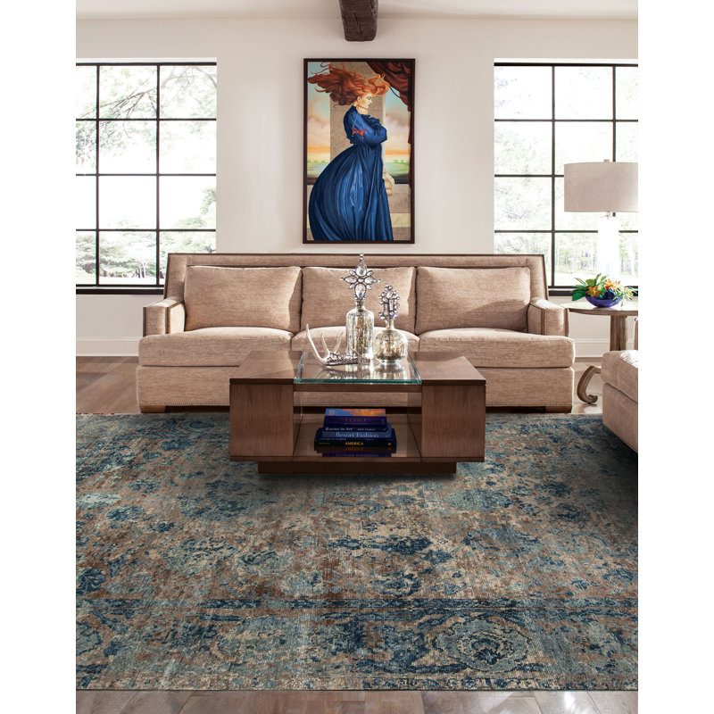 Shangri-La Hand Knotted Wool Area Rug in Beige/Blue/Brown, Rectangle 9' x 12'