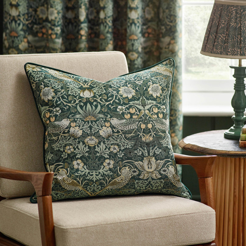 Strawberry Thief Down Blend Floral Square Throw Cushion, Green