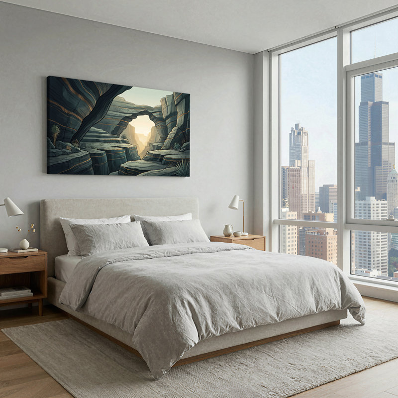 Art mural sur toile bleu gris et gris avec des couches striées dorées, L 32 po x H 16 po