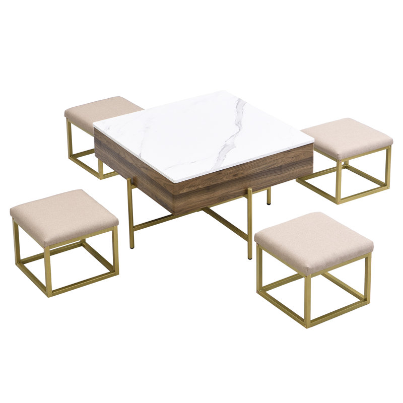 Ensemble de tables basses à plateau relevable moderne avec rangement et 4 repose-pieds blanc et noyer