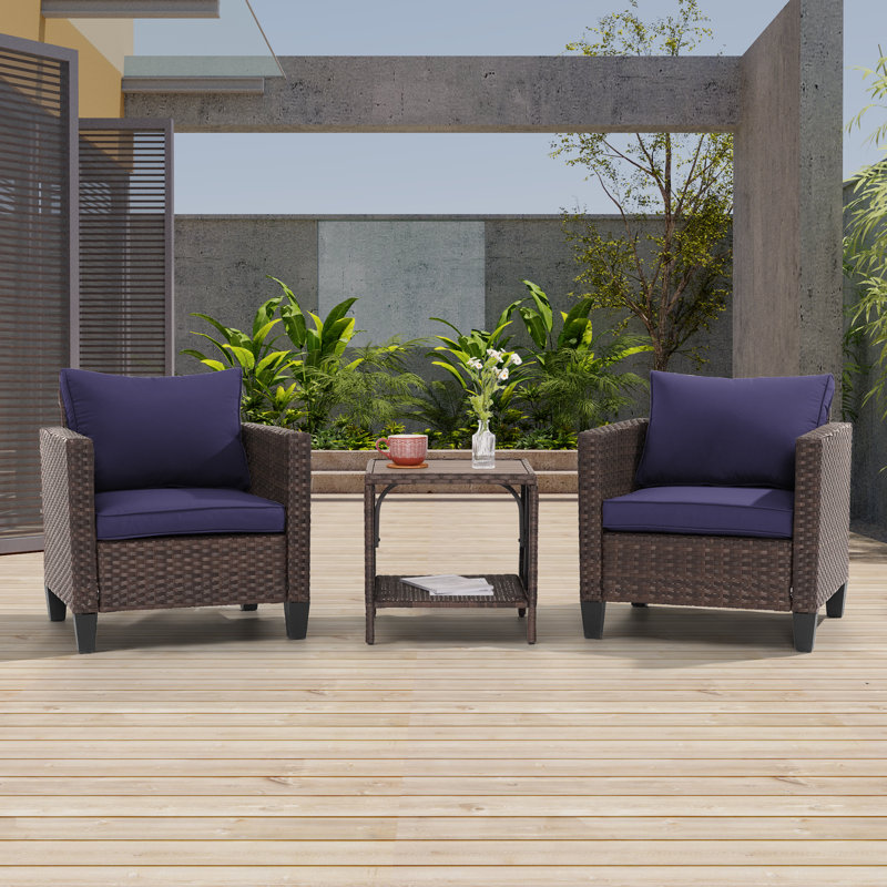 3 Piece Patio Conversation Set with Cushion, Brown, Navy Blue