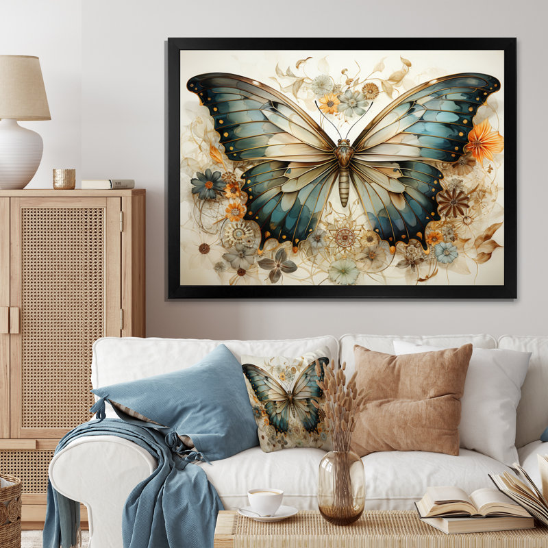 Papillon beige sarcelle, motifs complexes - art mural papillon, Cadre simple noir, H 24 po x l 32 po x P 1 po