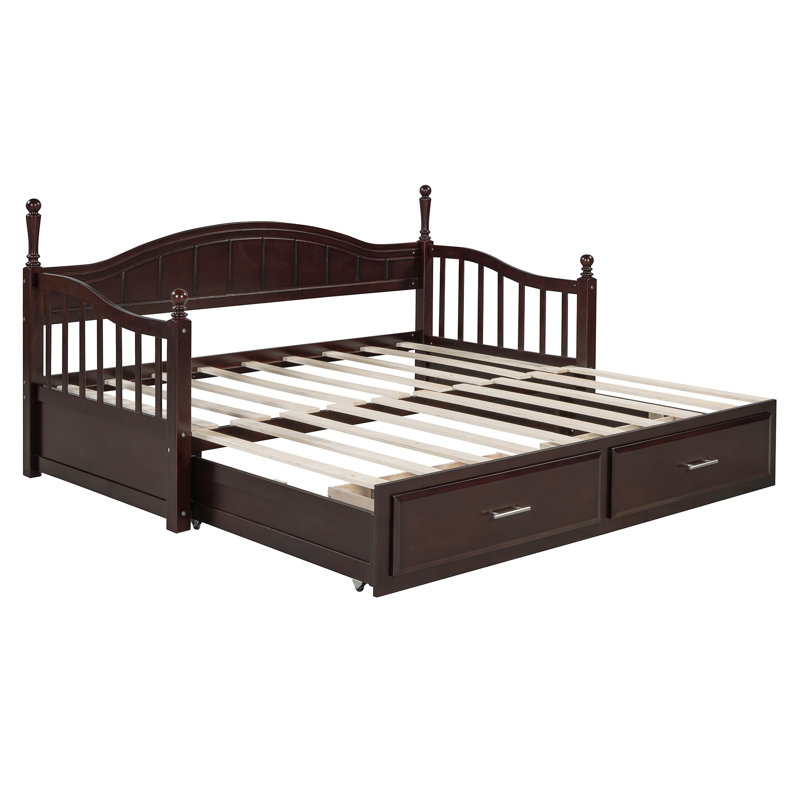Wooden Twin Size Daybed with Extendable Twin Trundle & 2 Storage Drawers – Espresso Finish, Brown
