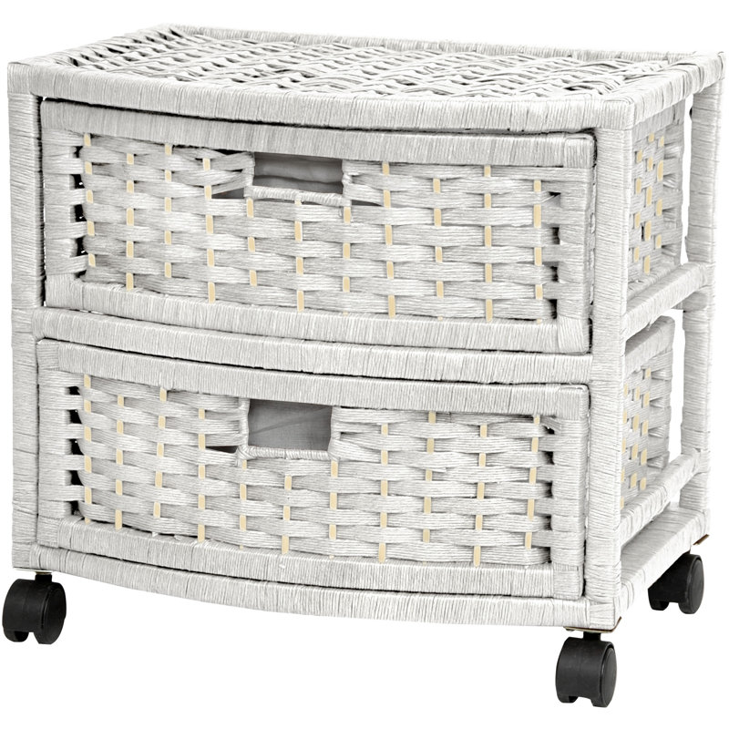 White Woven Fiber 2-Drawer Chest with Casters