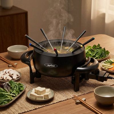 3 quart electric fondue pot set with 8 color-coded forks and adjustable temperature, 1000w non-stick fondue maker for chocolate cheese