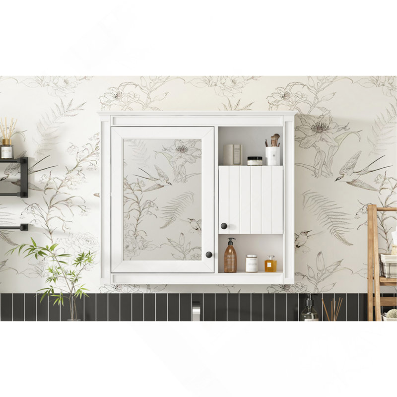 Armoire de salle de bain murale 32 po avec miroir, armoire à pharmacie murale avec 3 tablettes, armoire de rangement avec porte à miroir, blanc