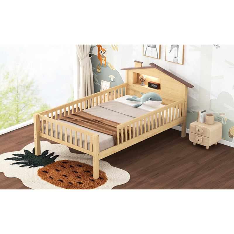 Lit plateforme simple en bois avec tête de lit style maison, conduit et rangement - Chambre rustique scintillante, Naturel