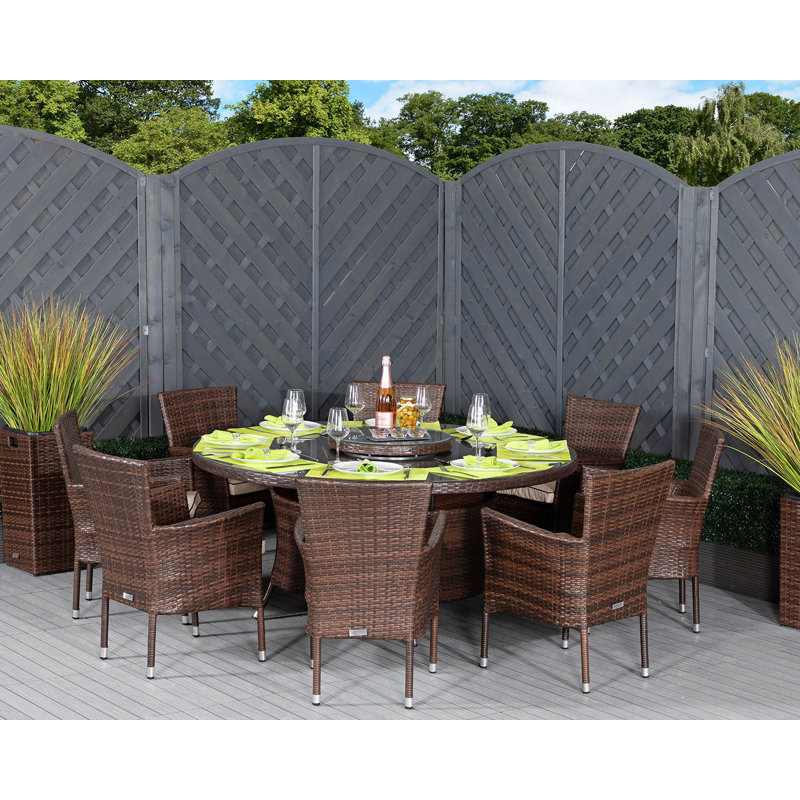 Copenhaver 8 - Person Patio Dining Set with Round Table , Cushions Included, Chocolate/Cream