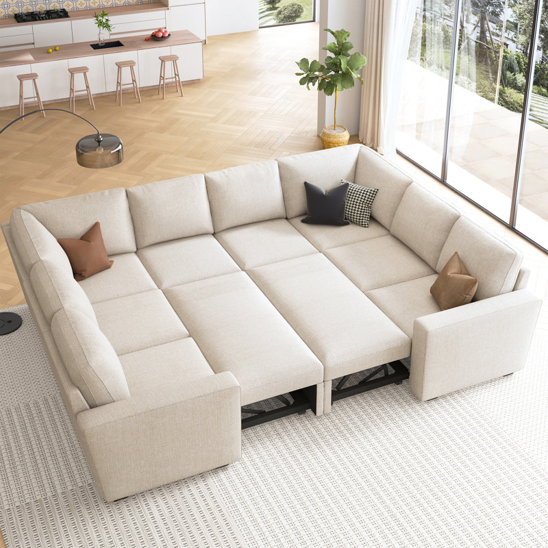 Niyona Modular Sleeper Sectional Sofa Convertible U-Shaped Sofa Bed, Beige Polyester