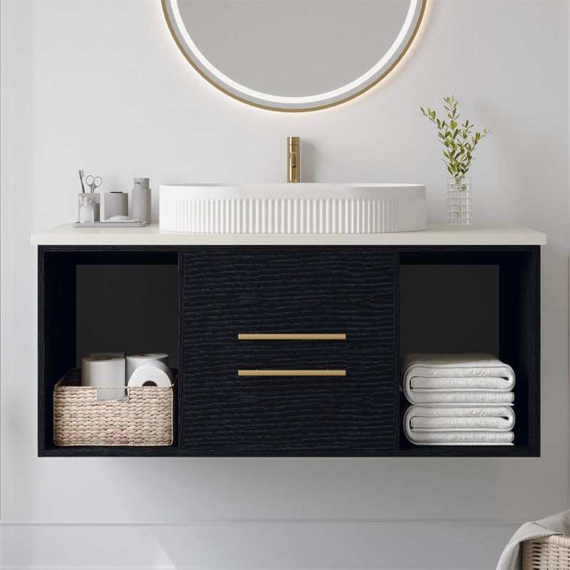 Meuble-lavabo mural moderne 39,4 po avec meuble-lavabo flottant ovale en céramique massif, Noir