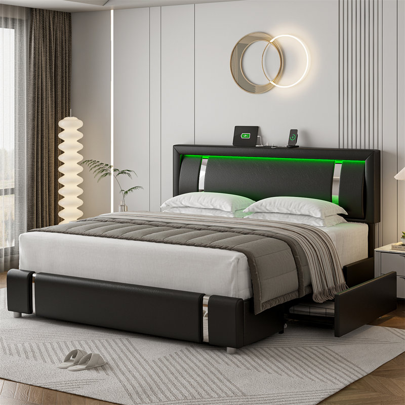 Base de lit avec tête de lit éclairée en polyuréthane, ports USB et 2 tiroirs Barbuto, Lit double, Noir