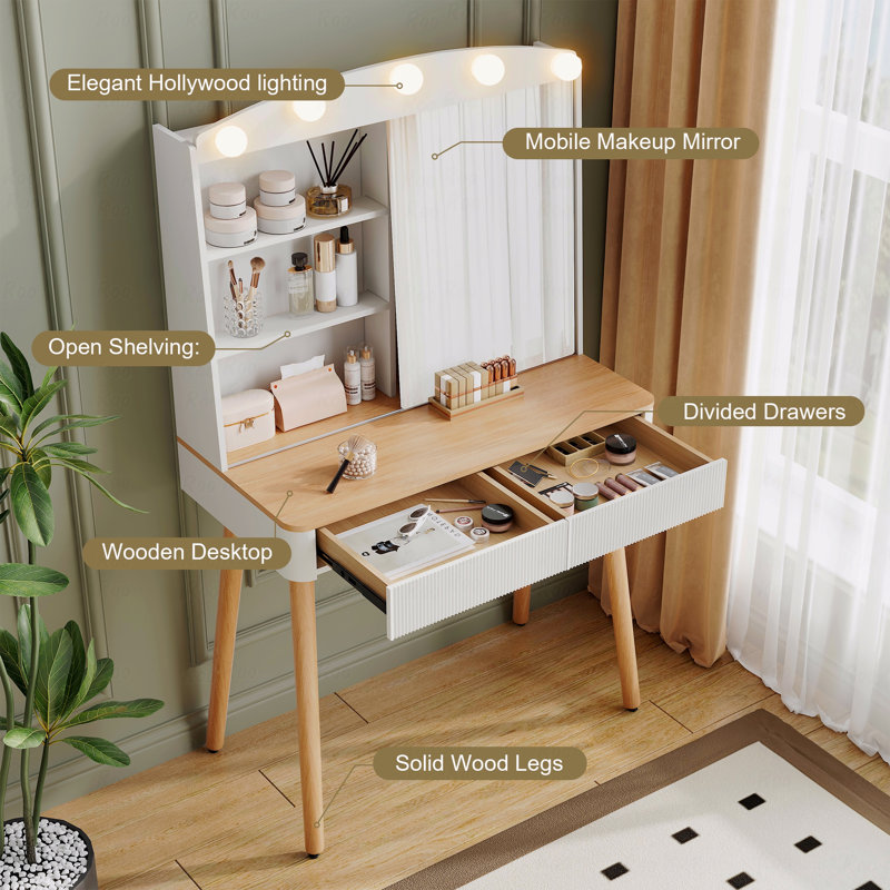 Petit bureau de meuble-lavabo (miroir de maquillage) avec miroir de coiffeuse et lumières à DEL, rangement de grande capacité et miroir coulissant, meuble-lavabo de maquillage avec deux tiroirs cannelés, 3 coiffeuses de maquillage (coiffeuse de maquillage)