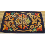 Rare Blue Color Antique Folk Art Leaf Pattern Small American Hooked Rug
