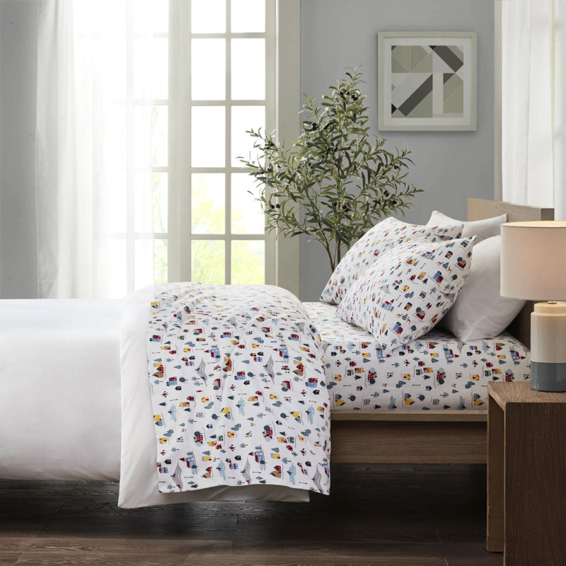 Twin Printed Sheet In 3 Pieces With White Village Print Pattern, 100% Cotton Flannel For A Warm And Soft Experience, Multiple Options, Includes Flat & Fitted Sheets Pillowcase, Elasticized 12"
