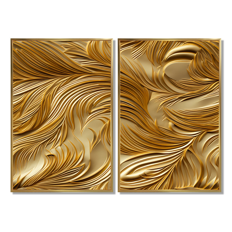 Golden Feathers Serenity IV - grandes plumes, impressions sur toile, H 36 po x l 48 po, Impression encadrée flottante, Doré