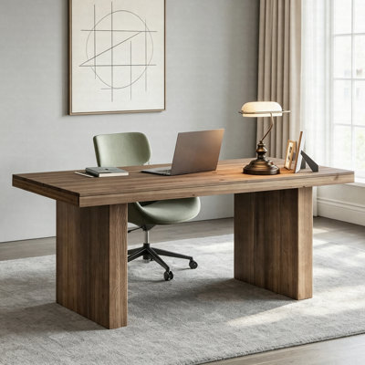 63" Solid Wood Executive Desk, Farmhouse Large Computer Desk With Thick Top & Sturdy Wood Legs