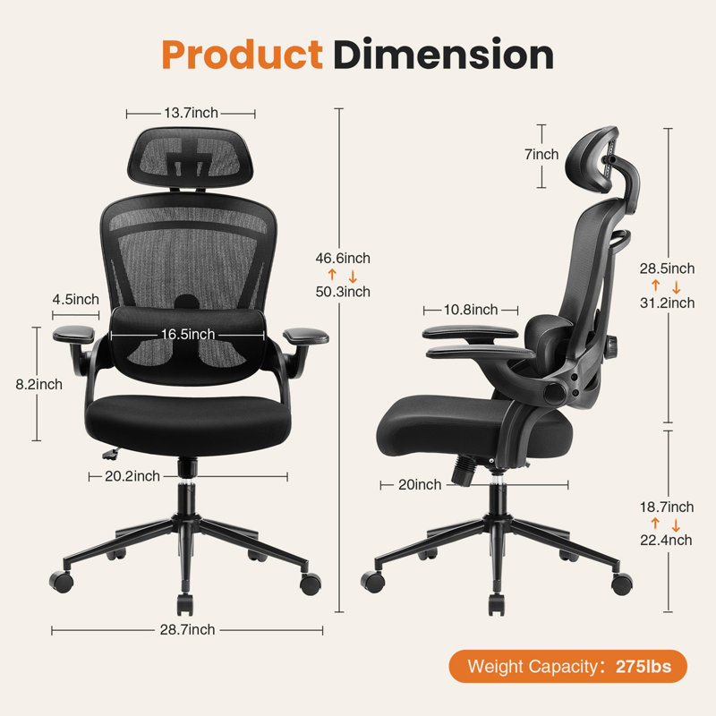 High Back Desk Chair With Adjustable Lumbar Support & Headrest,Comfortable Mesh Computer Chair With Soft Flip Up Arms, Adjustable Height And 120Â°Tilt