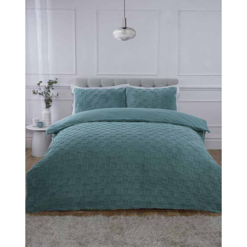 Luxury Check Teddy Fleece Polyester Chequered Duvet Cover Set with Pillowcases Included, Blue Chequered