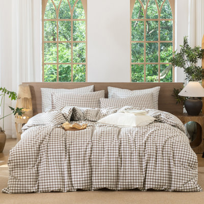 MooMee Gingham Duvet Cover Set with Zipper Closure 8 Ties 100% Washed Cotton Linen Like Breathable Lightweight