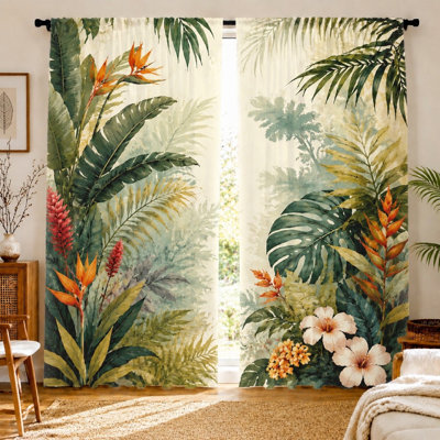 2Pcs Tropical Jungle Curtains with Vibrant Floral & Leaf Print, Watercolor Style, Botanical Theme, Decorative Window Coverings, For Living Room, Bedroom, Home Decor Accents, Rod Pocket Hanging, Light Filtering Fabric