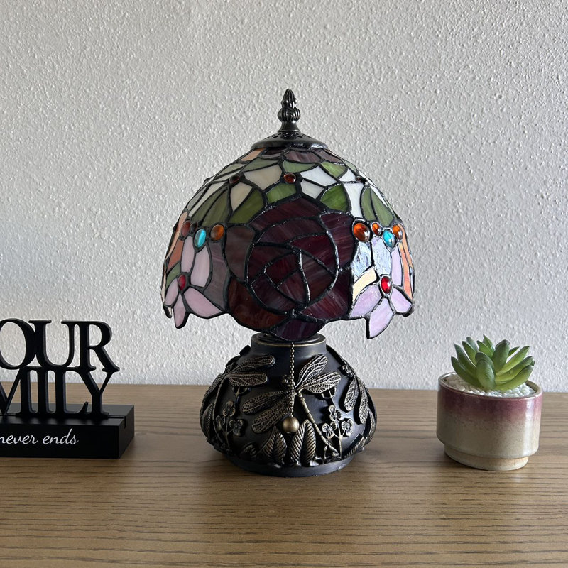 Standwood Tiffany Mini Table Lamp Red Orange Stained Glass Rose Flowers Included LED Bulb 12"H*8"W*8"D
