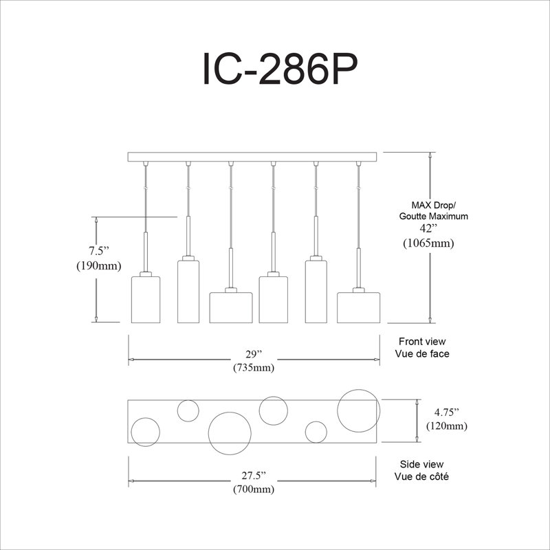 Luminaire suspendu halogène horizontal 6 lumières, laiton vieilli avec verre transparent, Noir