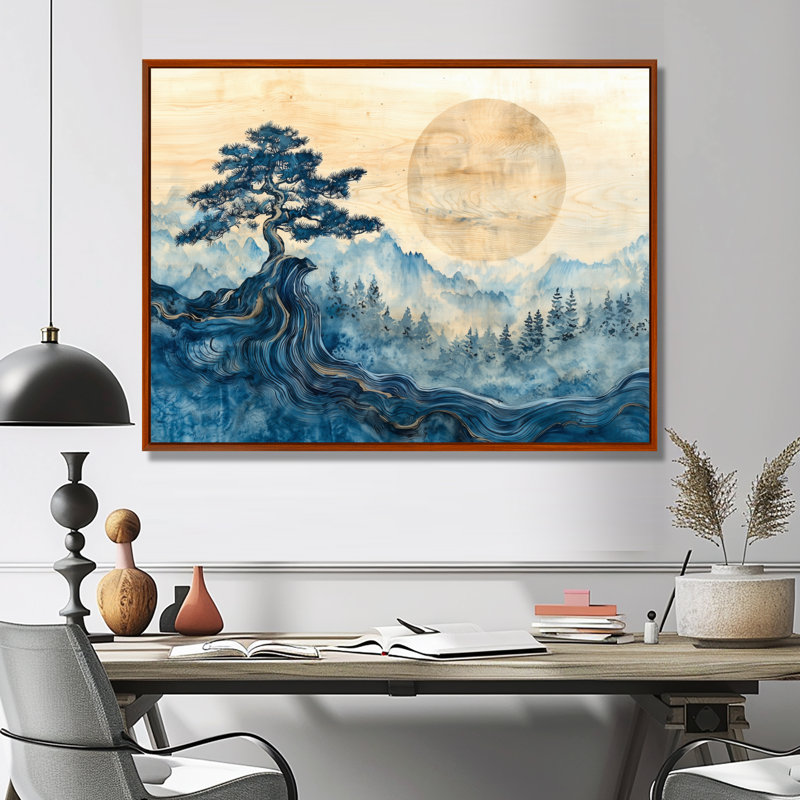 Art japonais Samarai paysage sérénité II - art mural japonais pour le salon, H 24 po x l 32 po, Impression encadrée flottante