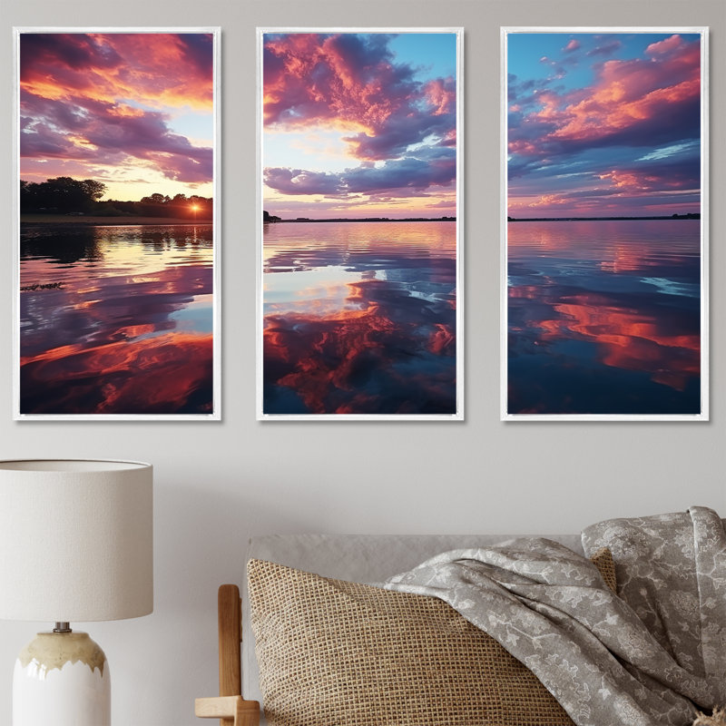 Horizon, coucher de soleil au bord du lac II - art mural lac, Cadre flottant blanc, H 32 po x l 48 po