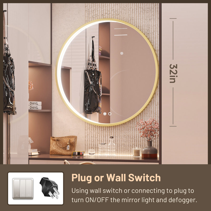 Fantina Round 3 Color Adjustable LED Metal Framed Wall Mirror with Anti-fog, 32" x 32", Gold