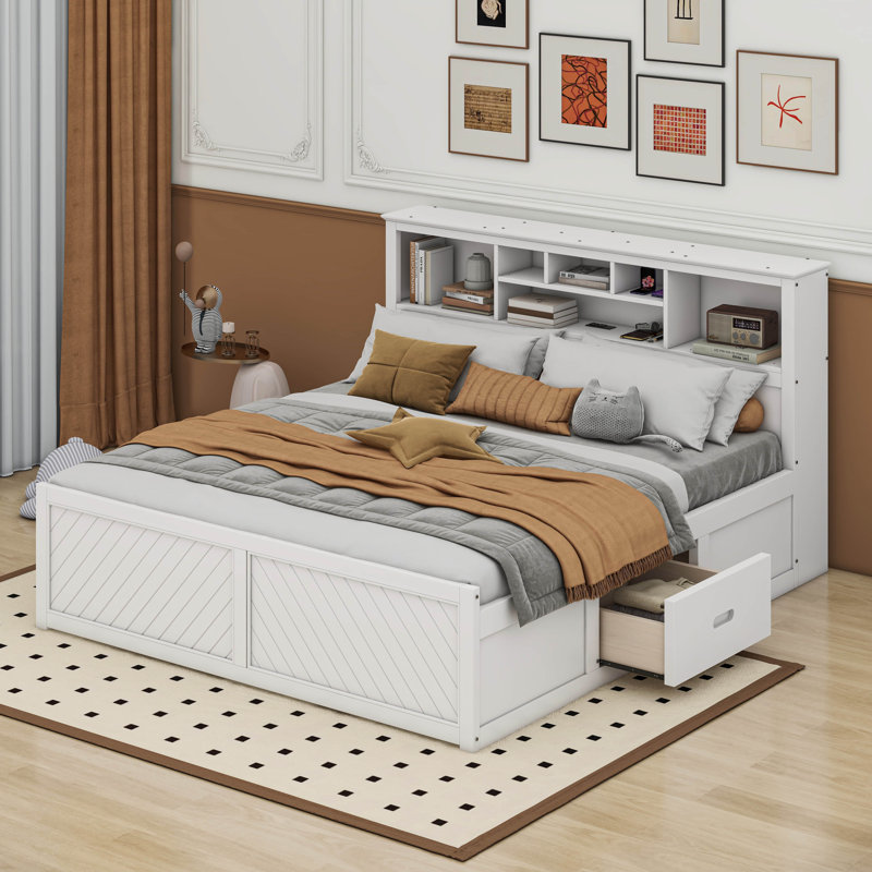Lit plateforme très grand en bois avec tête de lit multi-rangement, USB et tiroirs, Blanc