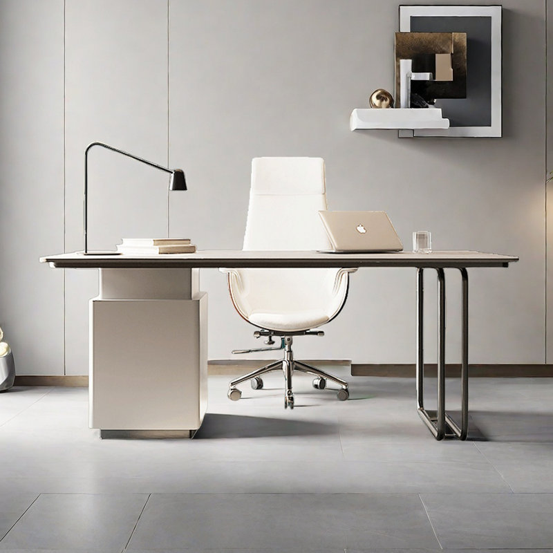Bureau en pierre frittée avec tiroirs, Gris / Blanc, H 28,74 po x l 70,87 po x P 27,56 po