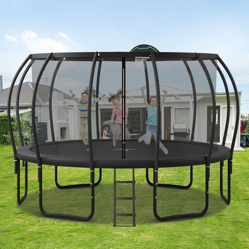 Trampoline pour enfants de 16 pi avec enceinte de sécurité ArcPole améliorée - planche de basketball et 12 piquets de sol, entraînement à l'équilibre