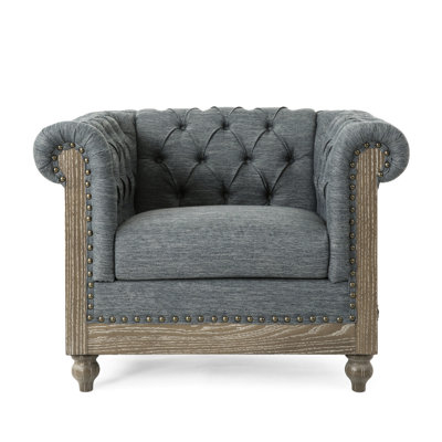 Attractive Club Chair With Charcoal Cloth, Intense Button Tufting, Scrolled Arms, Nailhead Accents, Birch Legs Marvelous In Charcoal, Profound Deep , Wood