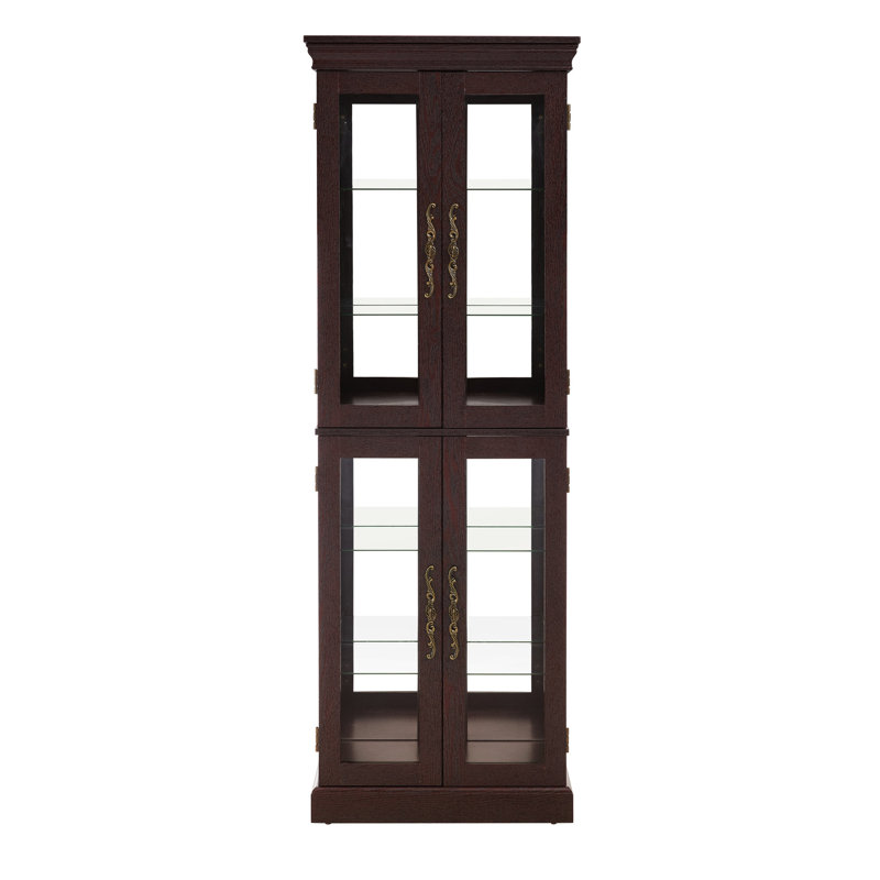 Lighted Glass Cabinet With Vintage Handle And Dark Cherry Hue - 69.67 In. High Illuminated Kitchen Shelf Movable Partition Color