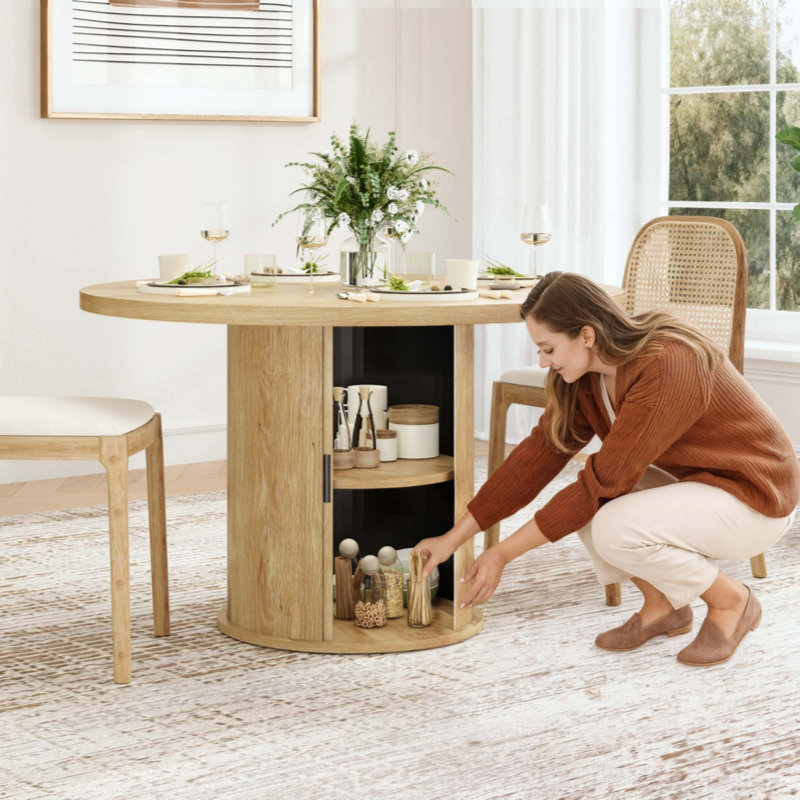 Round Dining Table For 4 People, Small Wood Kitchen Table With Sturdy Metal Base, Modern Round Dinner Table For Dining Room, Easy Assembly